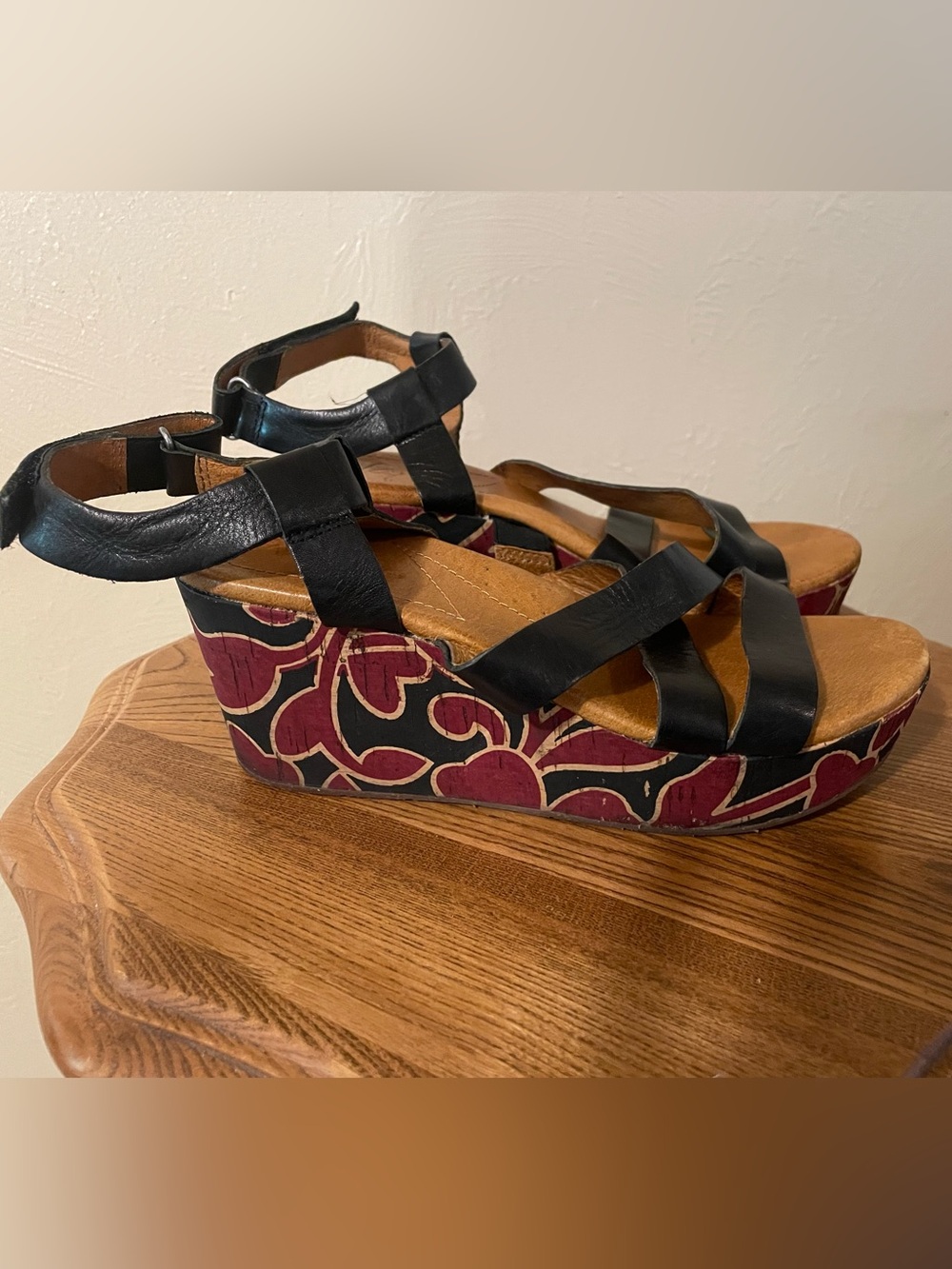 Naya Black Leather Strappy Wedge Sandals with Burgundy Floral Platform